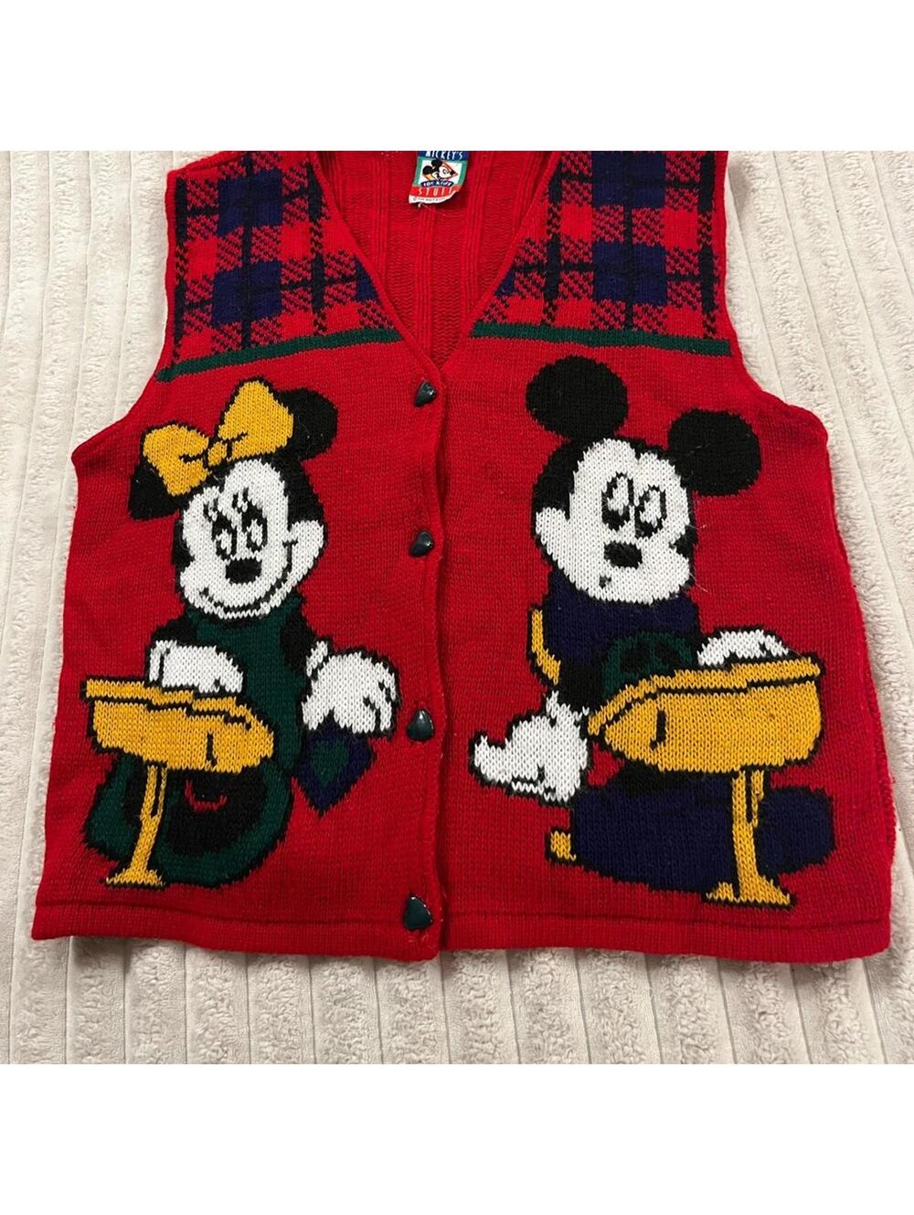 Vintage Disney Red Knitted Vest with Mickey and Minnie Girls Size 10/12